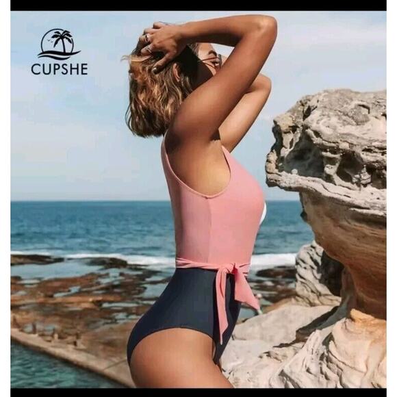 NEW!! CUPSHE SIZE S Pink Navy Blue Color Block Wrap Tie One Piece Swimsuit - Picture 4 of 10